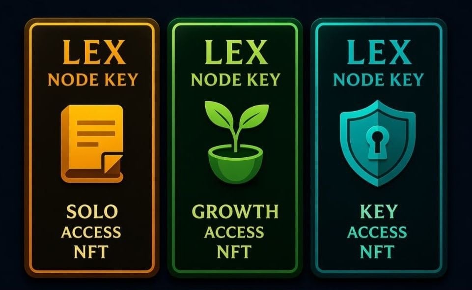 Three Lex Node Key NFT cards with gold, green, and cyan borders showing Solo Access, Growth Access, and Key Access options