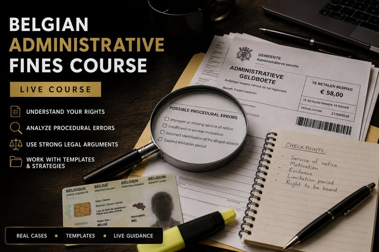 Belgian Administrative Fines Course promotional image showing course materials, legal documents, magnifying glass, and key learning topics listed