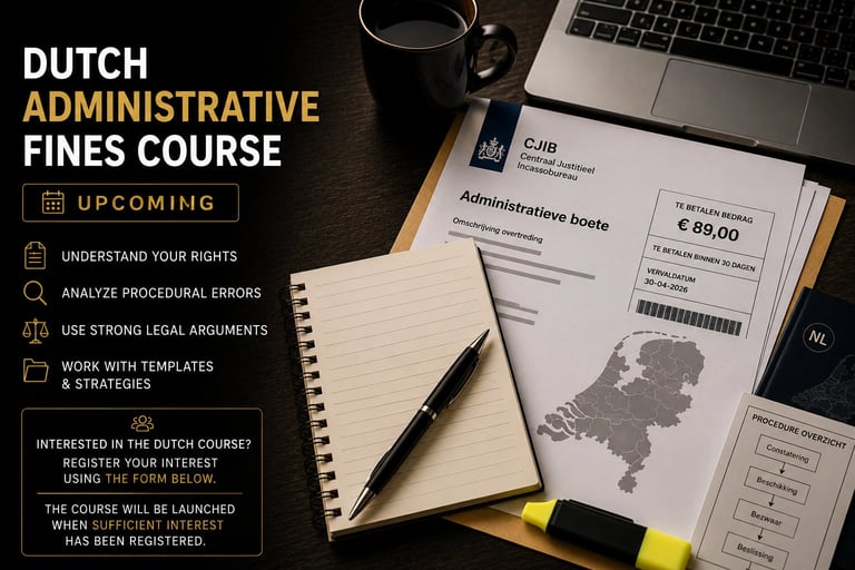 Dutch Administrative Fines Course promotional image showing course materials, laptop, notebook and administrative document on desk